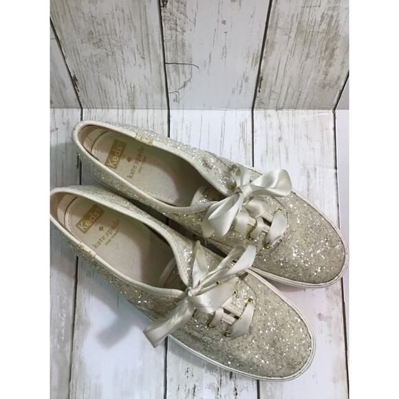 Kate Spade X New York Glitter Cream Keds Ribbon tie platform shoes size 9 - Picture 3 of 9